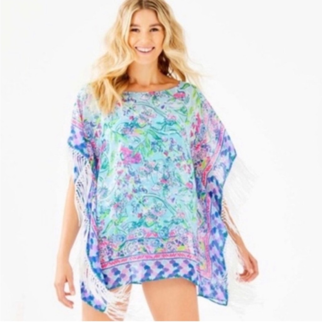 Lilly Pulitzer Ginette Floral Print Women's Cover Up With Fringe Trim Size Xs